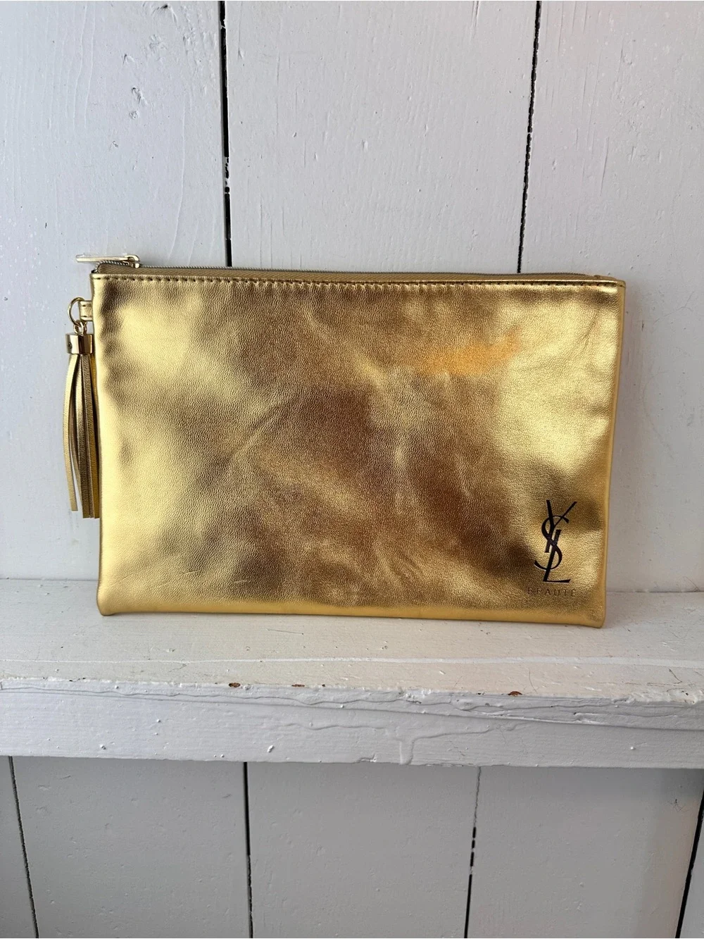 YSL Beauty Gold Makeup Bag Purse Insert Catch All w/ Detachable Snowflake Charm
